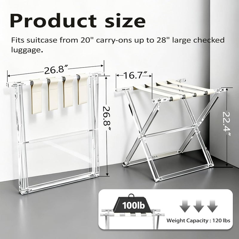 Verssure Acrylic Luggage Rack for Guest Room,Folding Luggage Rack with Leather Straps,Holds up to 120 lbs Suitcase Stand for Bedroom, Living Room and Hotel (Beige Leather) - Image 3